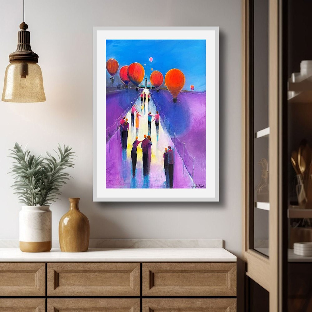 Canada Arise abstract print in modern entryway; hot air balloons over violet path, framed wall art by Anne Reid Artist