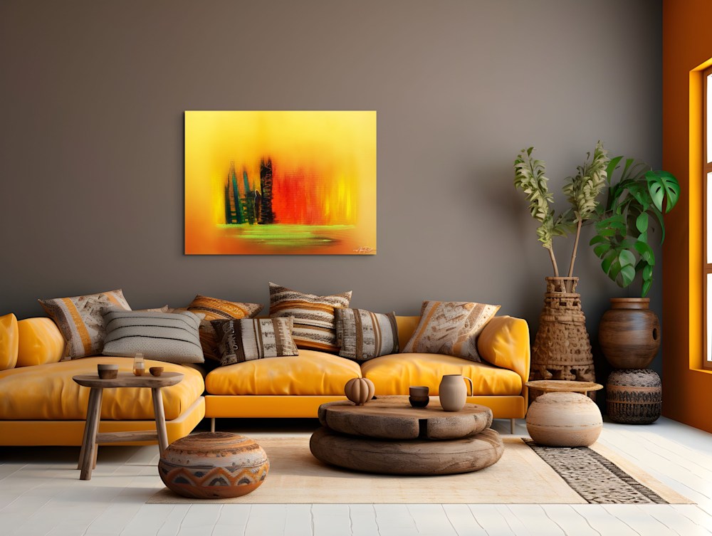 Cleft 2 abstract print in boho living room with mustard sofa, wood coffee tables, and earthy textiles by Anne Reid Artist.