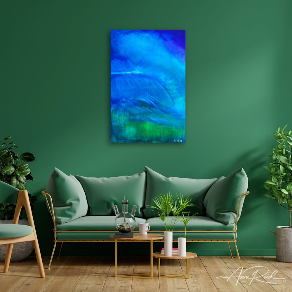 Deluge print by Anne Reid Artist—blue-green abstract expressionist art with water movement on an emerald wall in a modern living room.  Description: Blue-green swirls evoke a rus