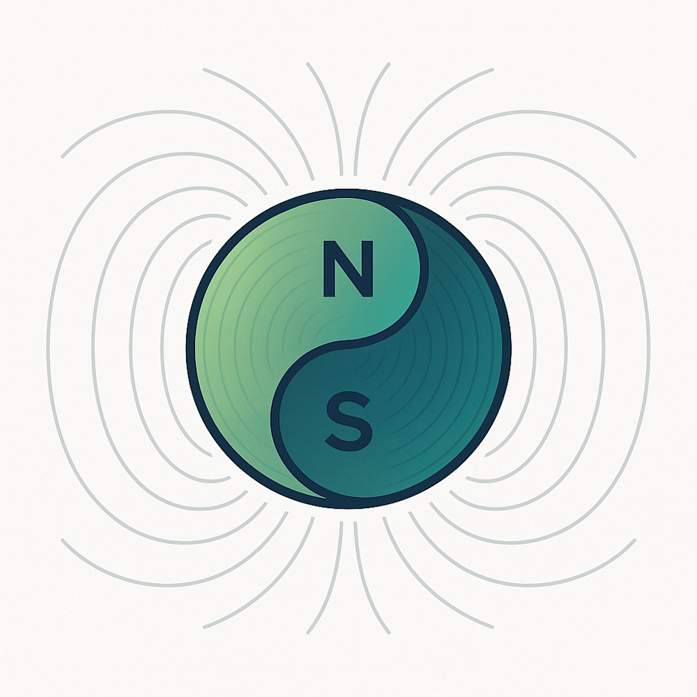 Yin–yang polarity glyph showing north and south magnetic poles united by curved field lines in balance