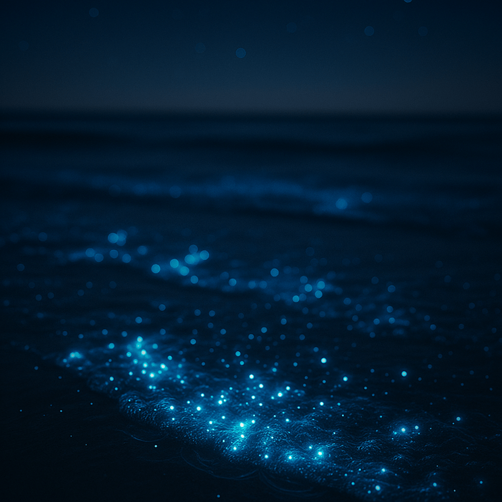 Bioluminescent plankton tracing wave crests along a dark shoreline—blue light revealing the ocean’s fine-scale motion