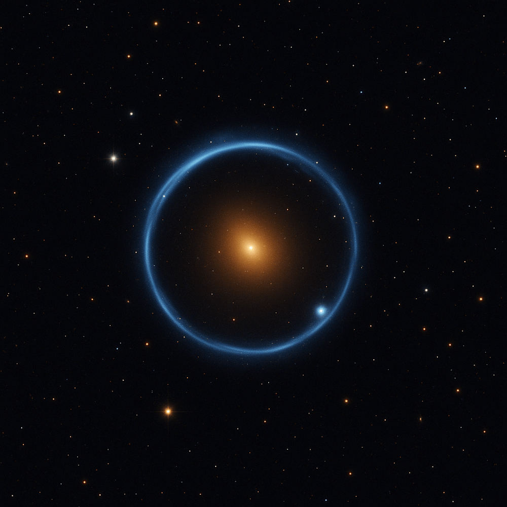 Astronomical visualization of a gravitational lens showing a bright Einstein ring around a central galaxy