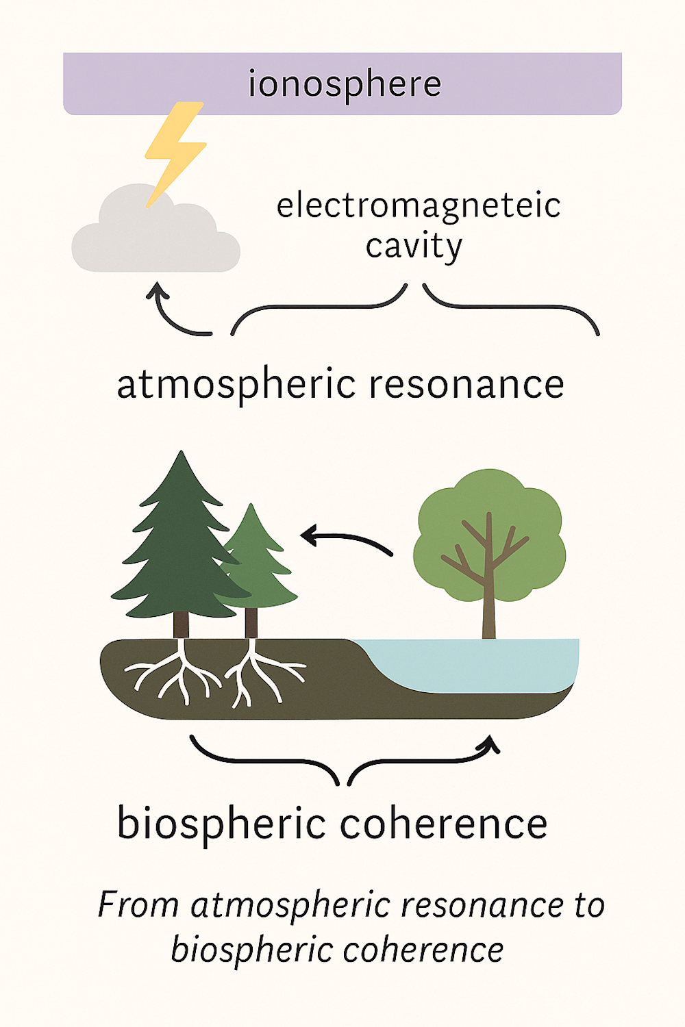 Two-layer diagram showing the traditional Schumann model (lightning between Earth and ionosphere) above and the living resonance model below with forest, water, roots, and mycelium feeding a feedback loop.
