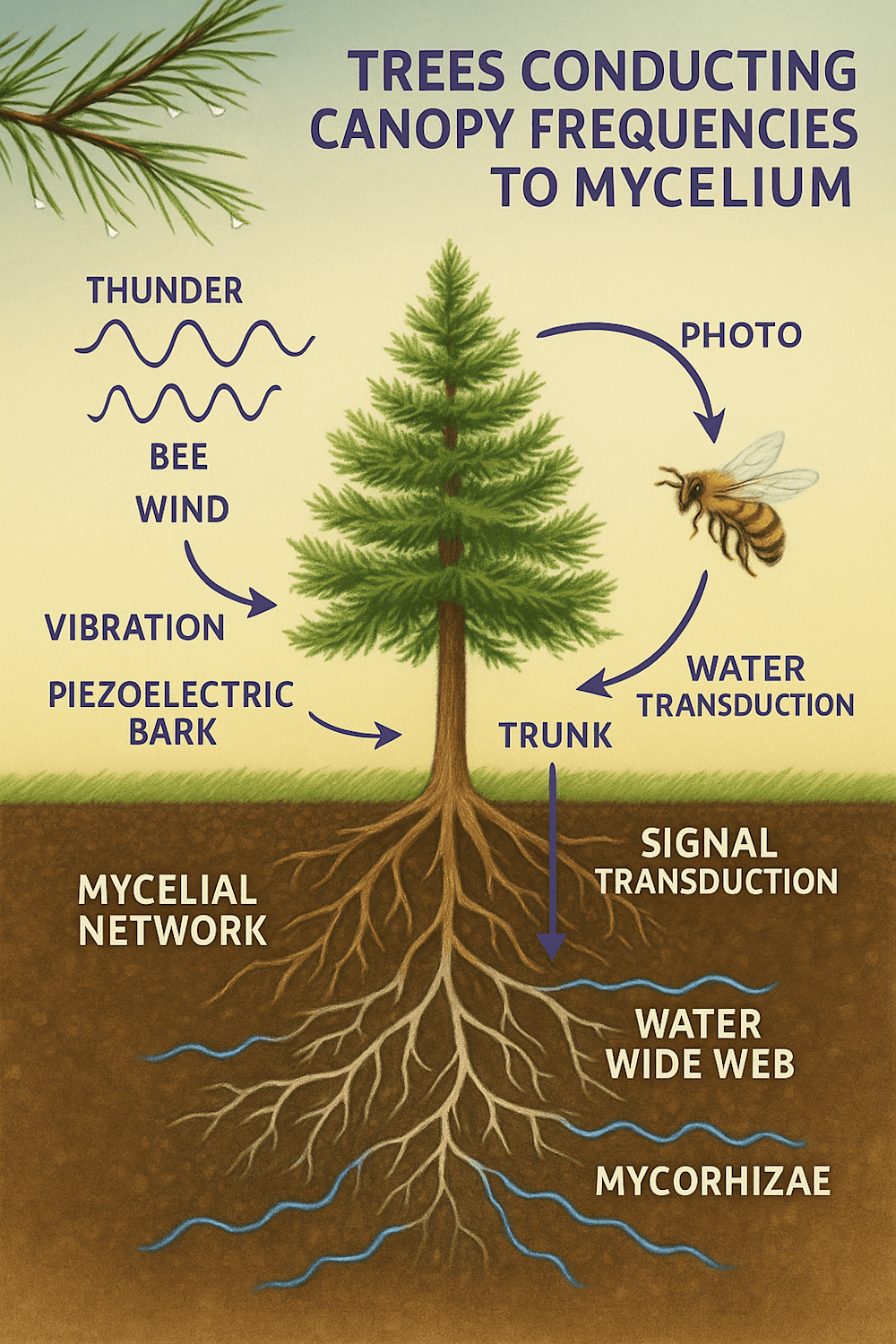 Infographic cross-section of a pine showing signals flowing from canopy vibrations down the trunk into roots and the mycelial network, with labels for leaf membranes, xylem/phloem, soil water films, and hyphae.