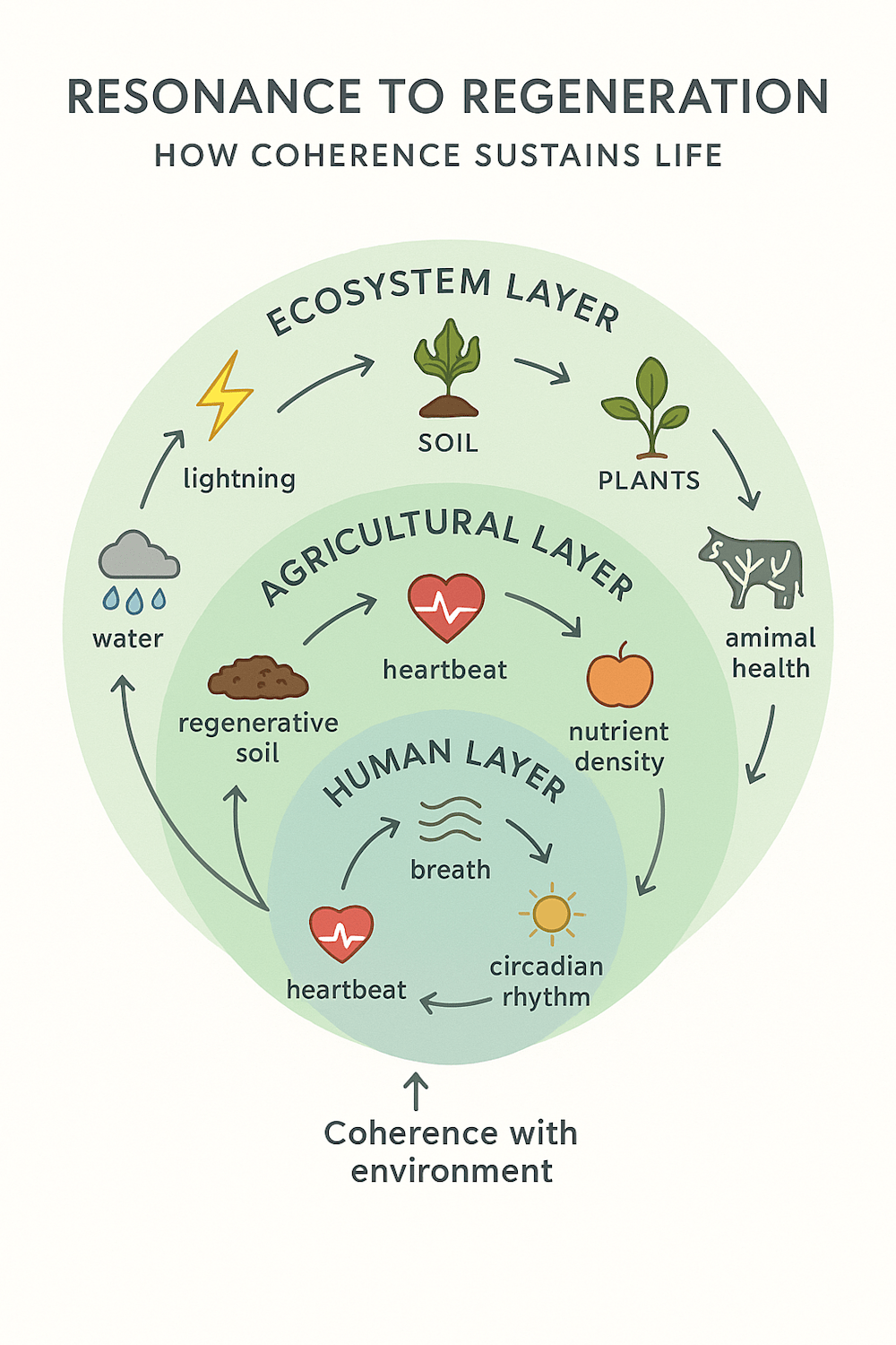 Circular infographic titled 'Resonance to Regeneration — How Coherence Sustains Life' showing concentric layers linking ecosystem, agriculture, and human coherence through lightning, soil, plants, heartbeat, and circadian rhythm.