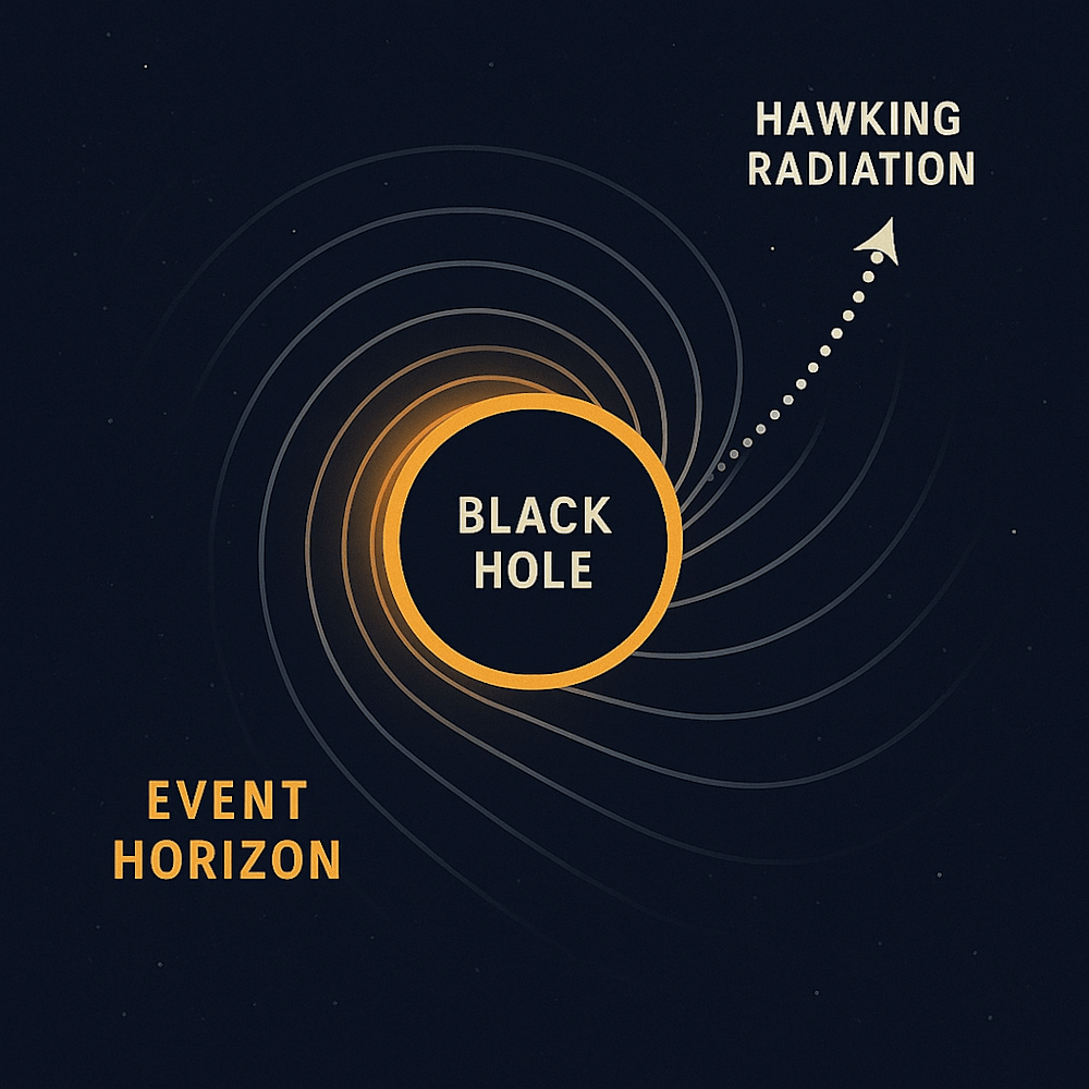 Diagram of a black hole showing the event horizon and Hawking radiation emerging from the spiral