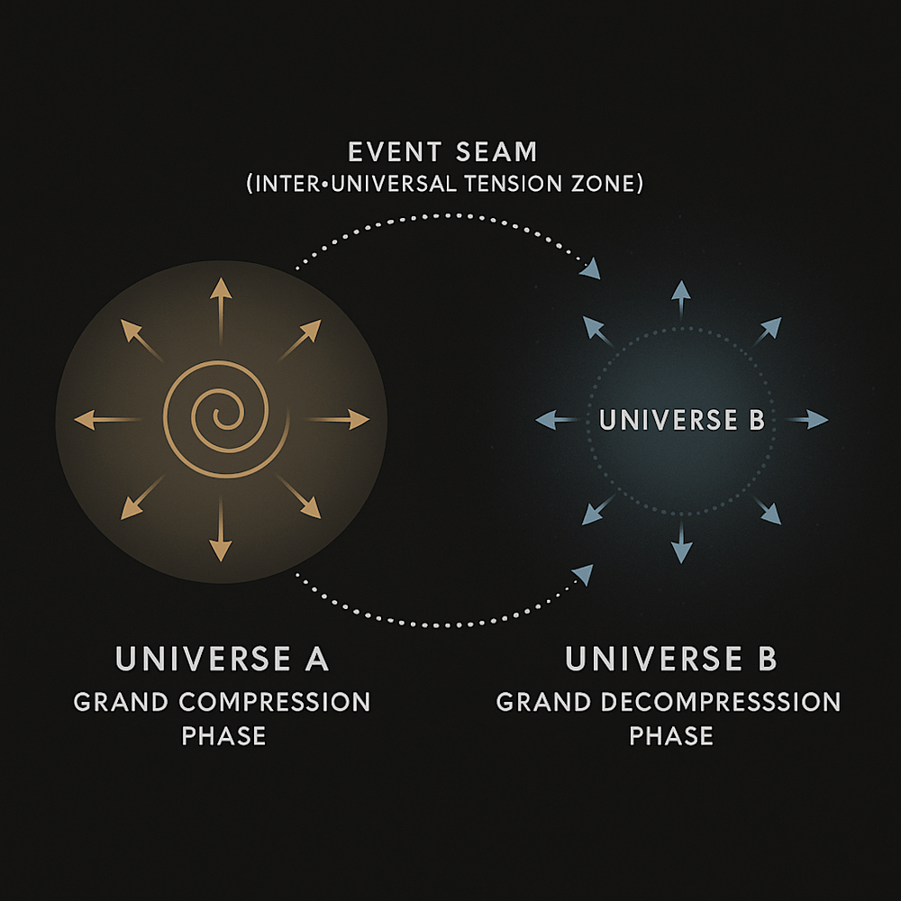 Diagram of a multiverse showing Universe A in compression and Universe B in decompression