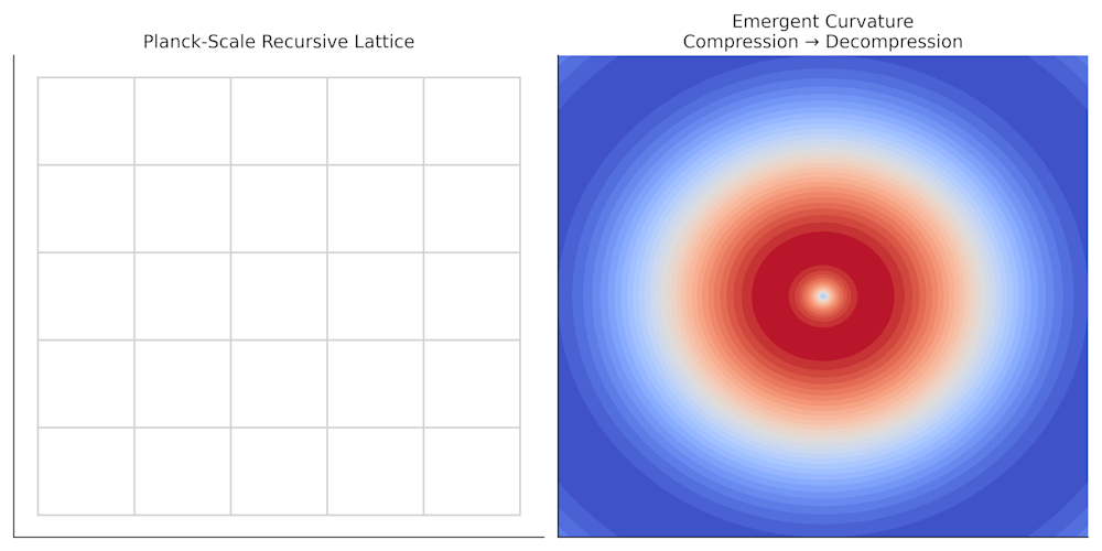 Left panel: a simple square lattice labeled Planck-scale recursive lattice. Right panel: concentric color rings forming a curvature-like bowl labeled emergent curvature, compression to decompression.