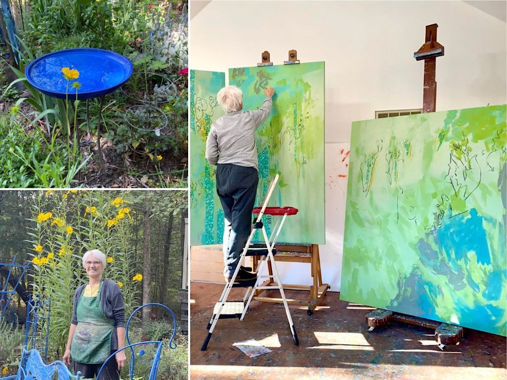 Dorothy Fagan in her garden by the pond