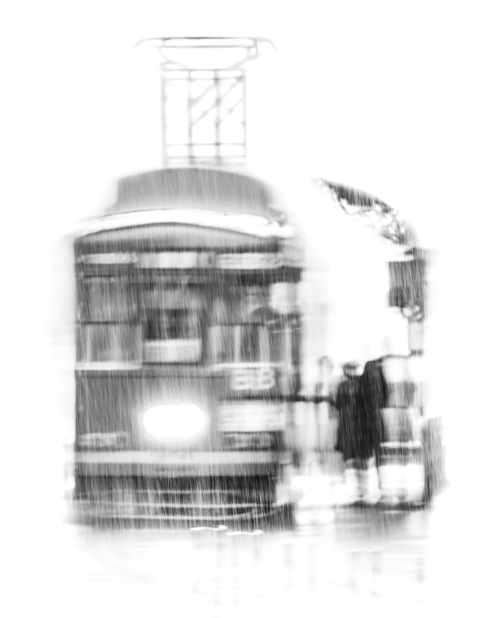 Ghosted figures waiting for a tram in the rain; illuminated by headlights reflecting across soaked pavement in Kumamoto.