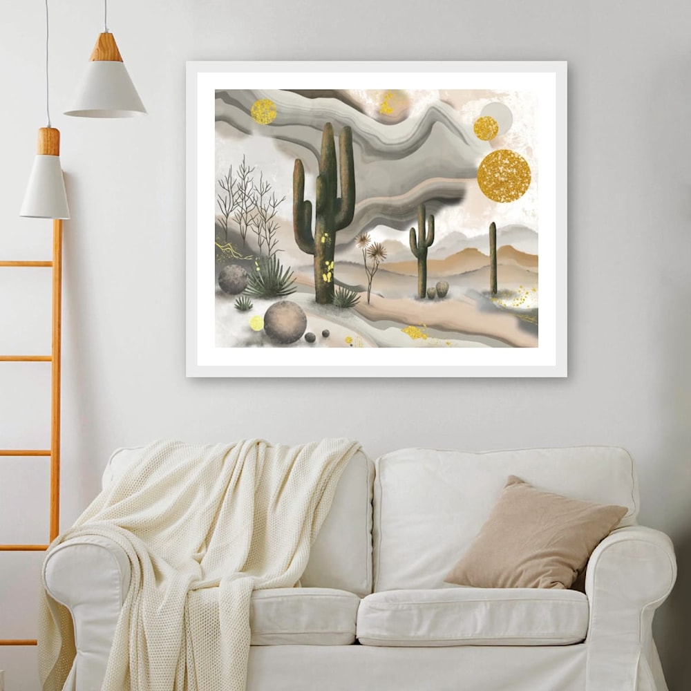Mesa Melt depicted matted and framed hanging on the wall above a cozy sofa.