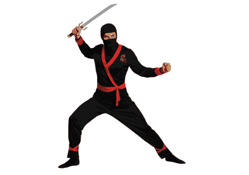 Public Domain Clip Art of a masked martial arts fighter weilding a sword and in a positionof readiness