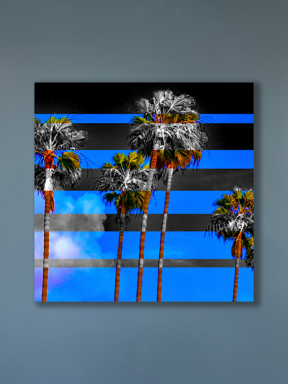 'Palm Trees Contrast' original metal sculpture by Jon Savage, featuring hand-ground textures and coastal silhouettes in Little Italy.