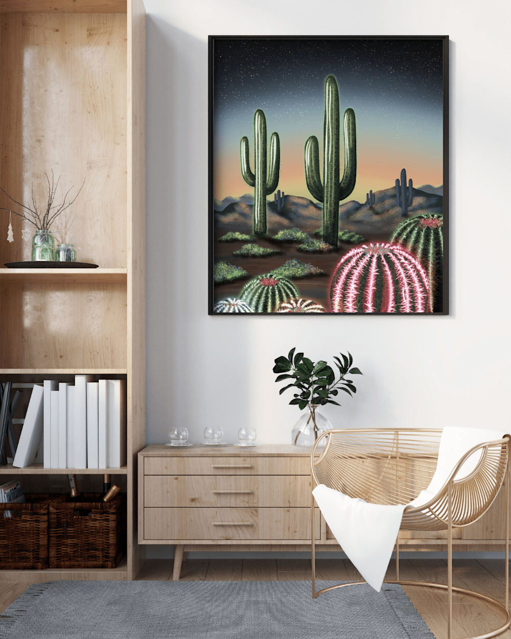 colorful neon cactus desert landscape wall art glowing under a starry sky displayed as modern southwest wall decor in a contemporary living room