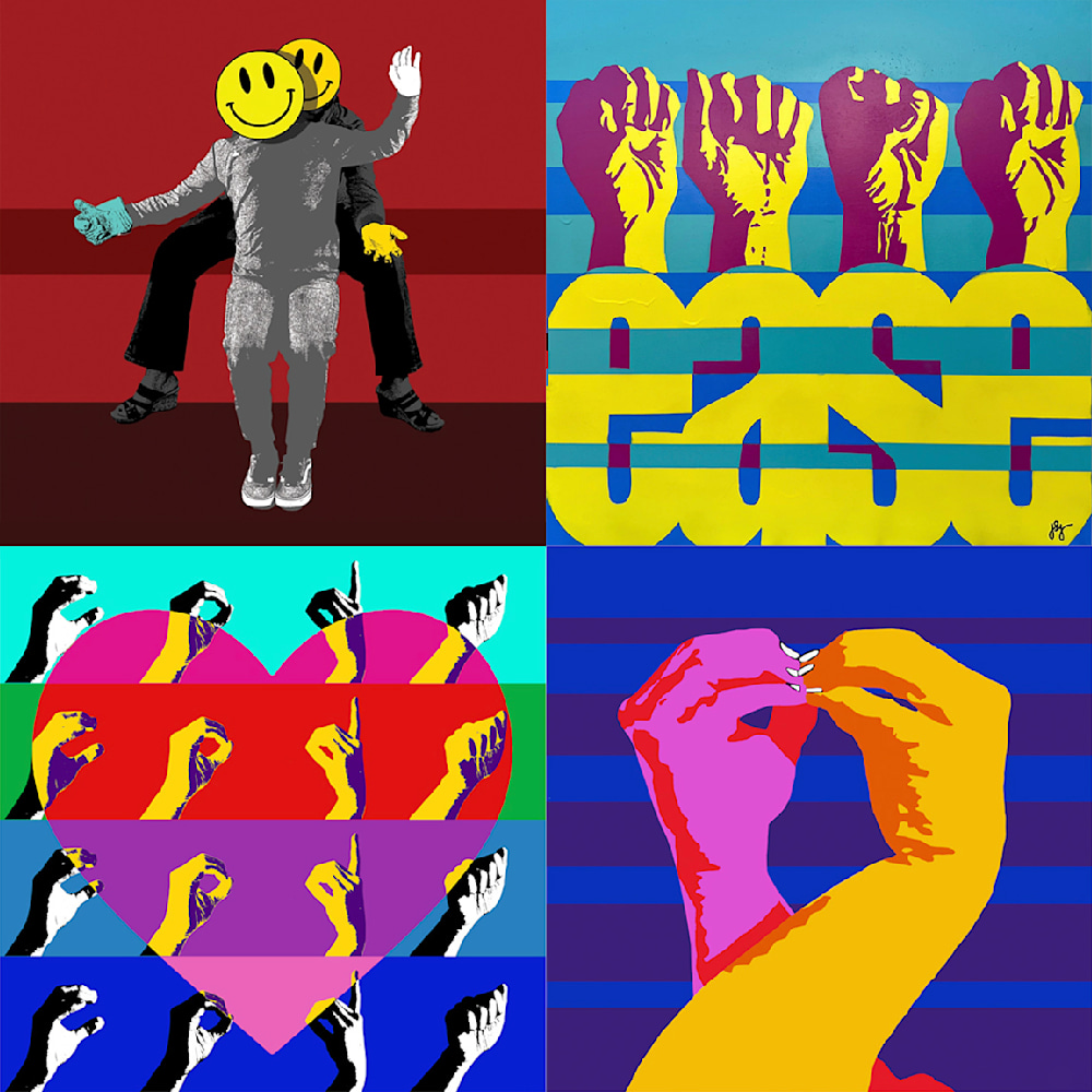 A four-image grid showcasing the contemporary artworks by Jon Savage on view in the 'Neon Afterlife' exhibition. Clockwise from top-left: 'Help Wasted' mixed media; 'Ease' spray paint on wood panel; 'CODA Love' fine art print; and 'Just Kiss' fine art print.