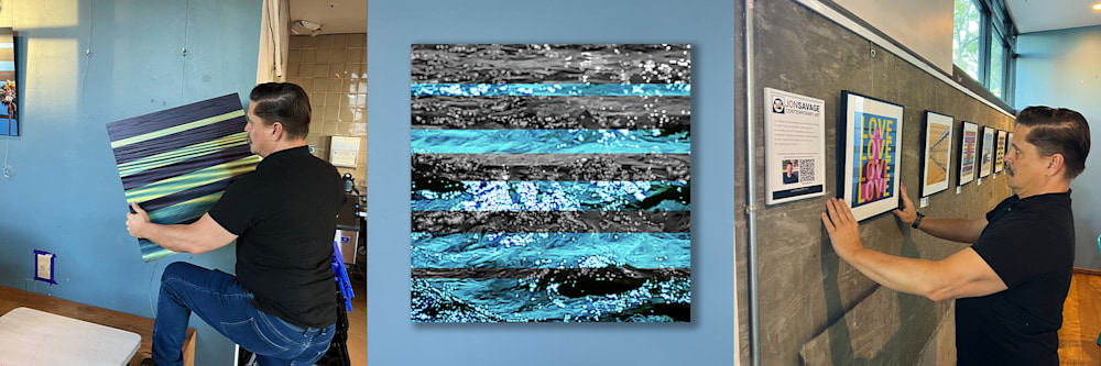 A three-image sequence of artist Jon Savage installing his contemporary paintings and fine art prints at Bird Rock Coffee Roasters in Little Italy, San Diego, featuring his textured blue and green wave-inspired works on display through March 31.