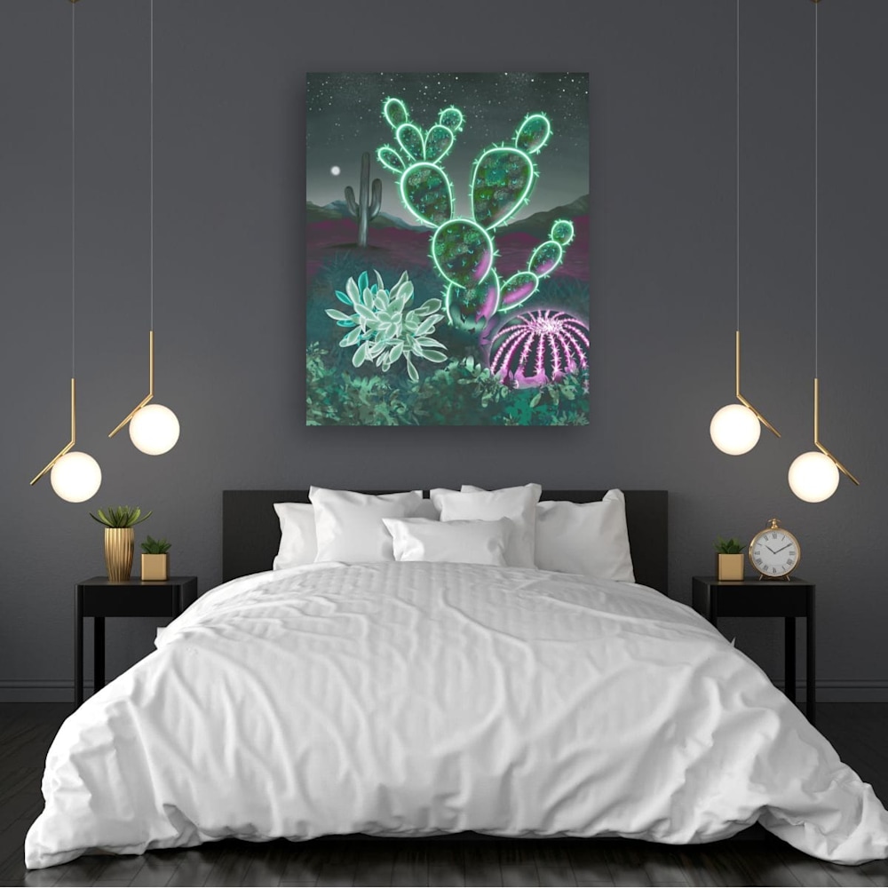"Neon Nightscape" depicted in a modern bedroom.