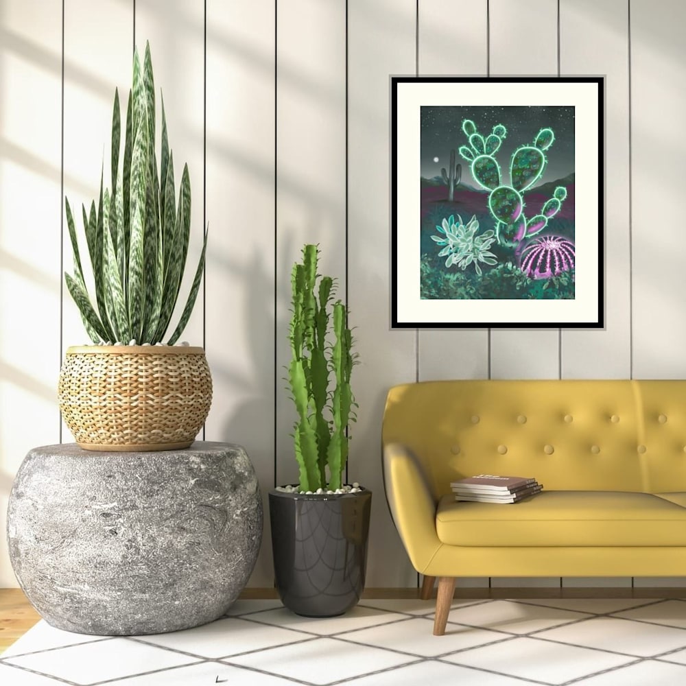"Neon Nightscape" depicted in a boho inspired living room.