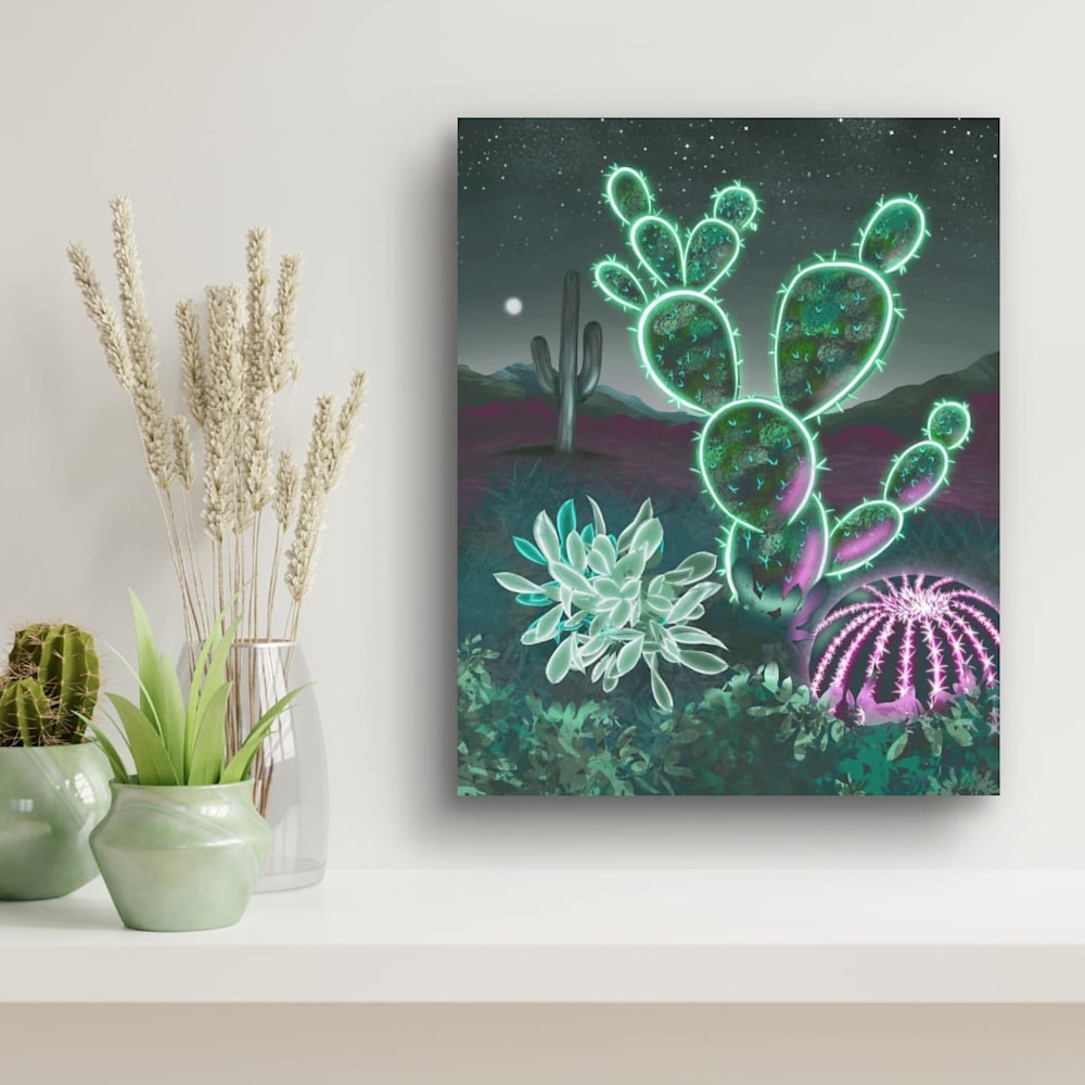 "Neon Nightscape" depicted above a shelf.