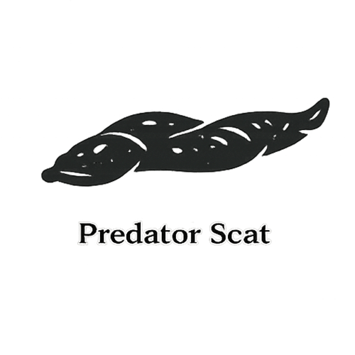 Predator scat glyph showing a tubular, slightly twisted form with tapered ends and internal texture marks