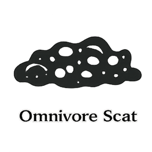 Omnivore scat glyph showing irregular shape with mixed textures including seeds, berries, and organic material