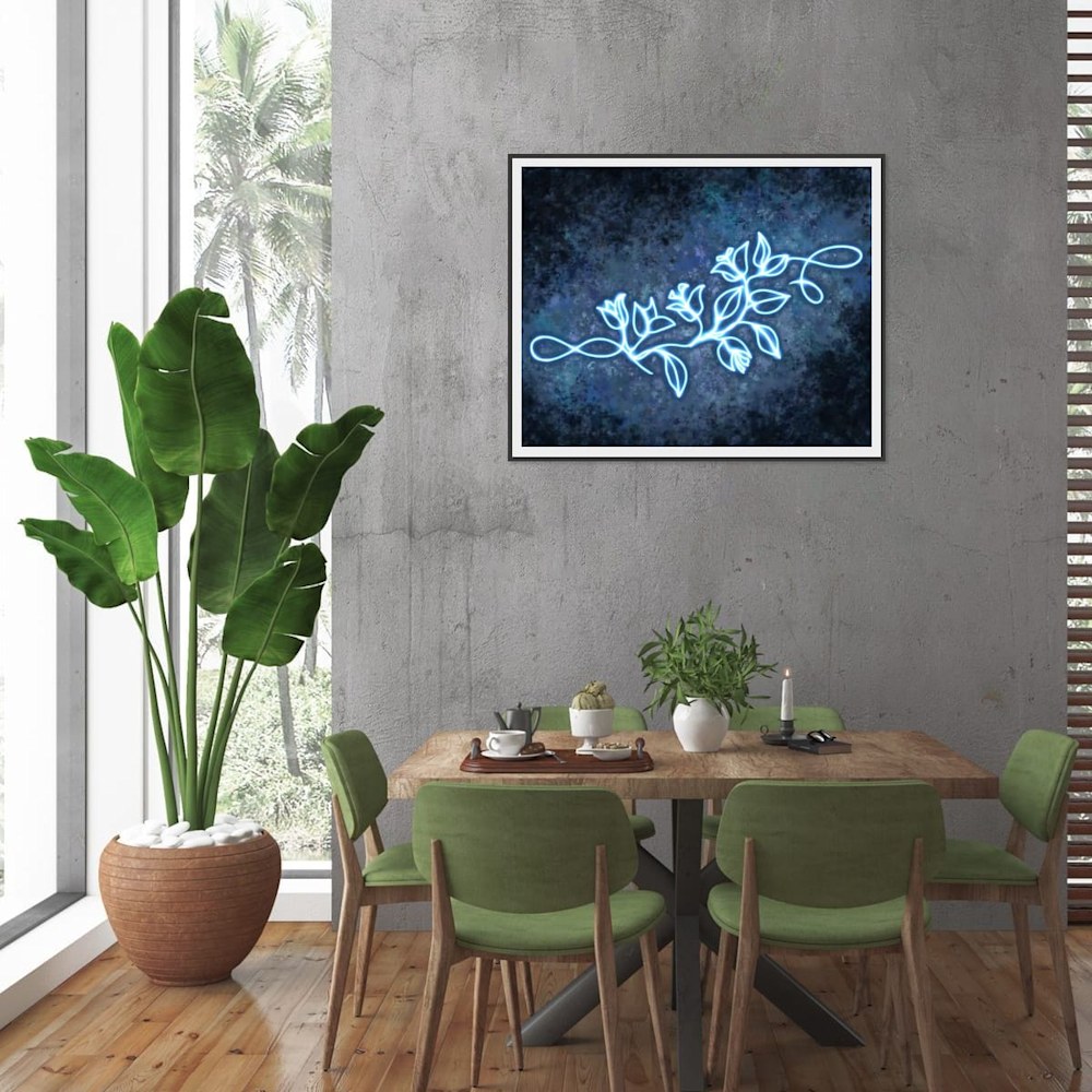 glowing bougainvillea desert painting minimalist line art by Arizona artist Kristin Dragos shown above a dining area.