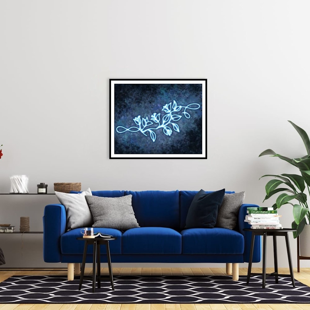 glowing bougainvillea desert painting minimalist line art by Arizona artist Kristin Dragos shown above a sofa