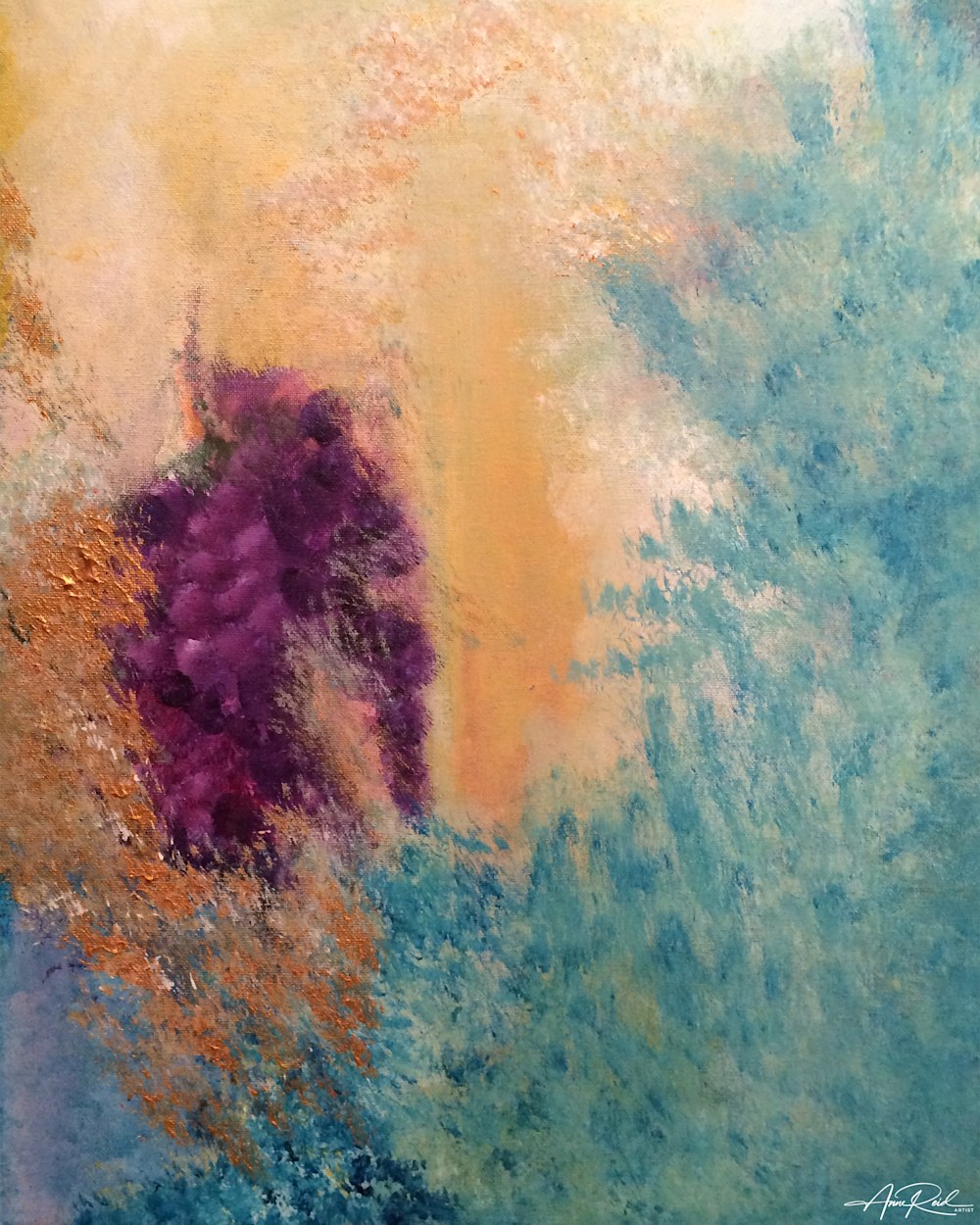 Glory Cluster prophetic fine art print by Anne Reid Artist showing a dense cluster of deep purple forms surrounded by gold and blue, symbolizing spiritual unity and the gathering of the Ekklesia.