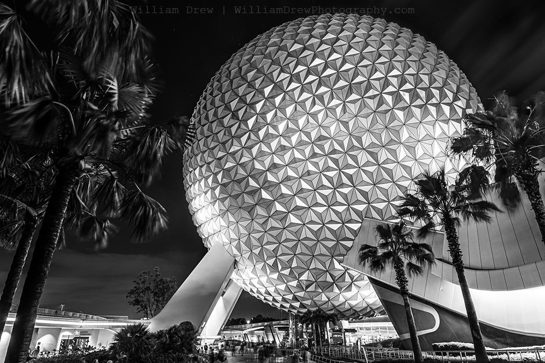 Spaceship Earth at Night Black and White | EPCOT Art | William Drew Photography
