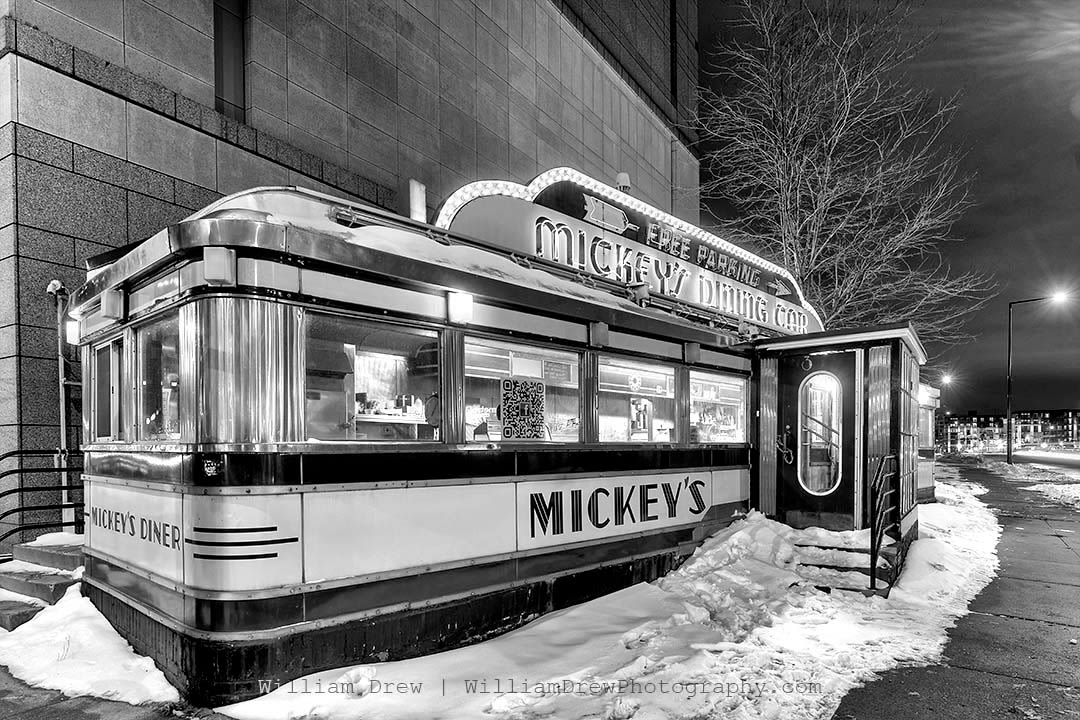 Mickey's Dining Car Black and White Wall Art by William Drew Photography. 