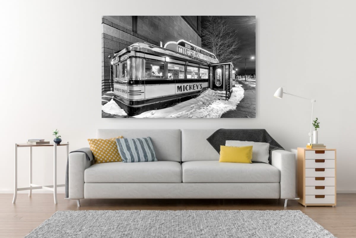 Mickey's Dining Car Black and White Wall Art on paper, Canvas, Metal and More