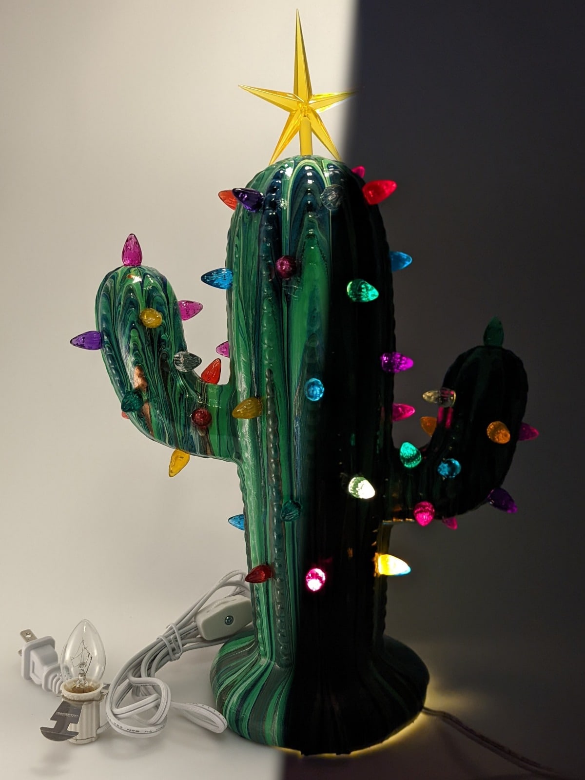 Light Up Ceramic Cactus - Shown half unlit, half lighted.