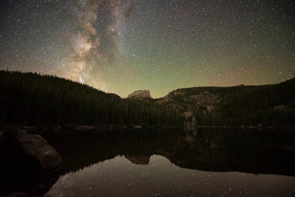 Photo of the Milky Way Galaxy over Lake Diablo with a green sky because of natural airglow and some aurora