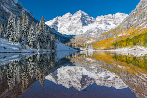 Maroon Bells reflected in a calm alpine lake – Colorado fine art landscape print