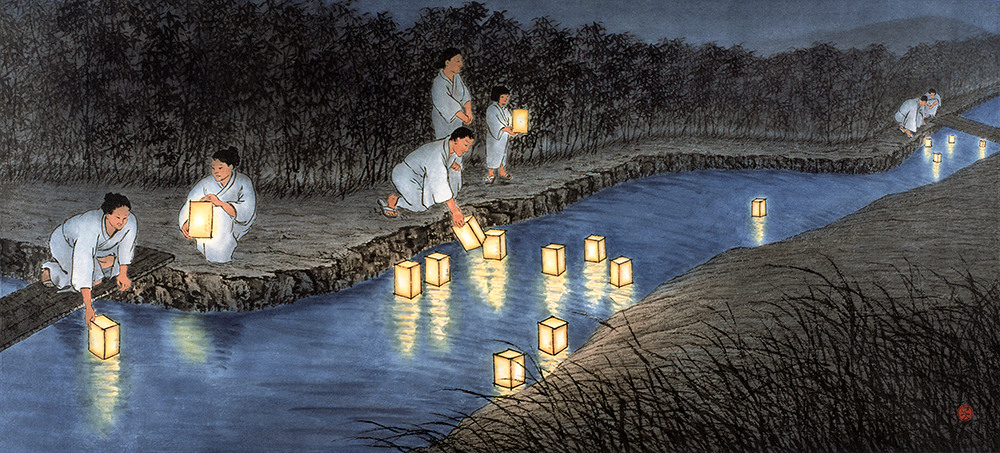 
        <div class='title'>
          Reflections of the Past Art Print
        </div>
       
        <div class='description'>
          This is an art print of Reflections of the Past. Reflections of the Past was inspired by the Japanese summer festival of remembrance, called O-Bon. O-Bon is an annual reminder of the importance of family ties, of respect for those who has gone before us, and of the brevity and precious of our lives together. Japanese people welcome home the souls of deceased family members by floating paper lanterns on water. I am keenly aware that everyone carries within his or her soul memories of passed loved ones like precious glowing lights. Reflections of the Past was the featured painting of my solo exhibition at the Museum of East Asian Art in Bath, UK in 2015/2016.
        </div>
      
