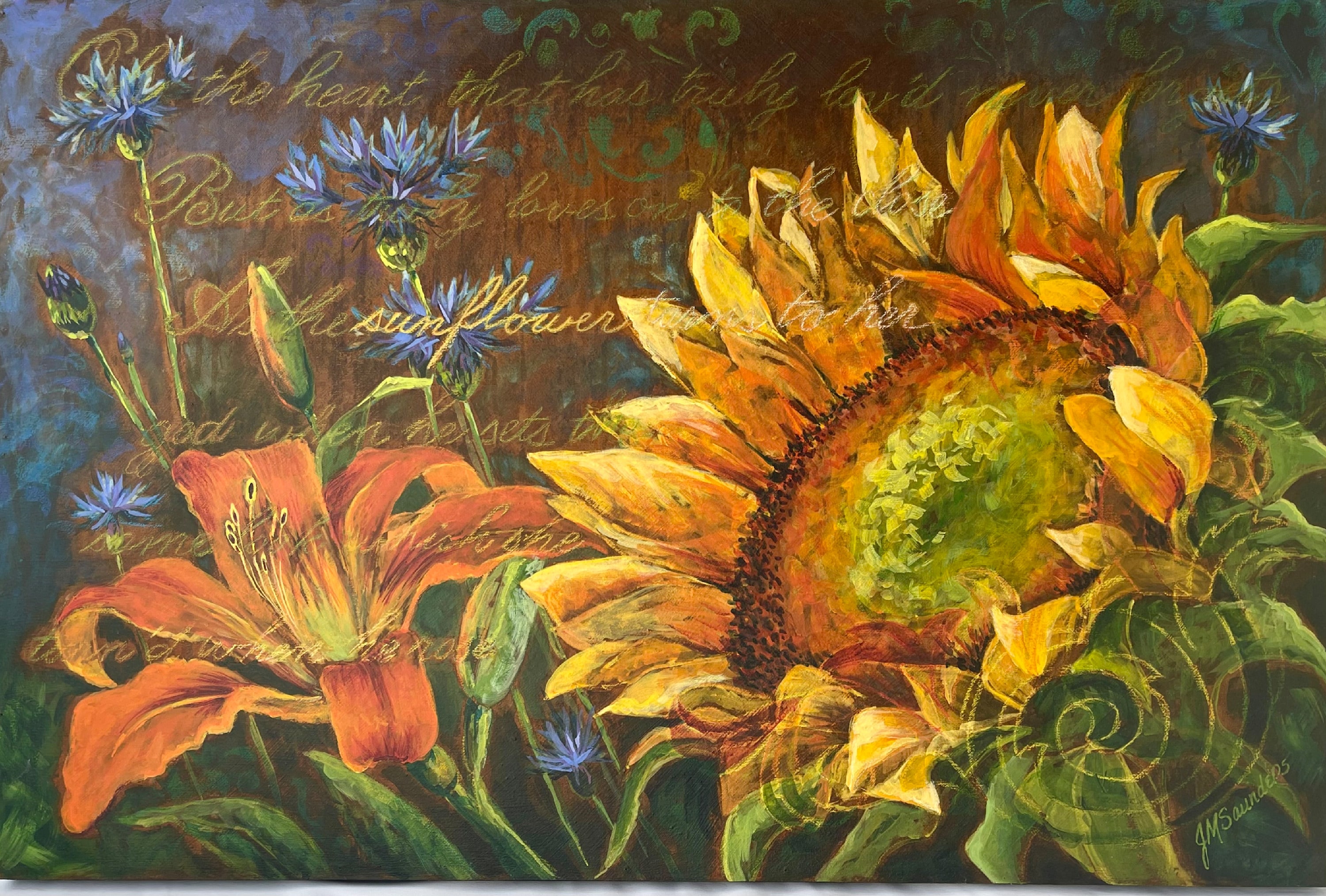 
        <div class='title'>
          As the Sunflower Turns 36x24 $660
        </div>
       
        <div class='description'>
          Sunflower, Day Lily & cornflowers with scripted  lyrics
        </div>
      