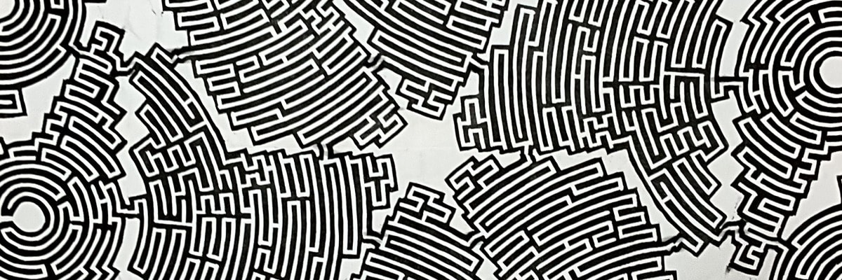 
        <div class='title'>
          Labyrinth #2 | manVshadow - Michael E. Voss Fine Art
        </div>
       
        <div class='description'>
          Oil multi-impression linocut on polyester fabric panel. Gallery wrap, framing options available. 45" x 45" x 1.5" - 2023
        </div>
      