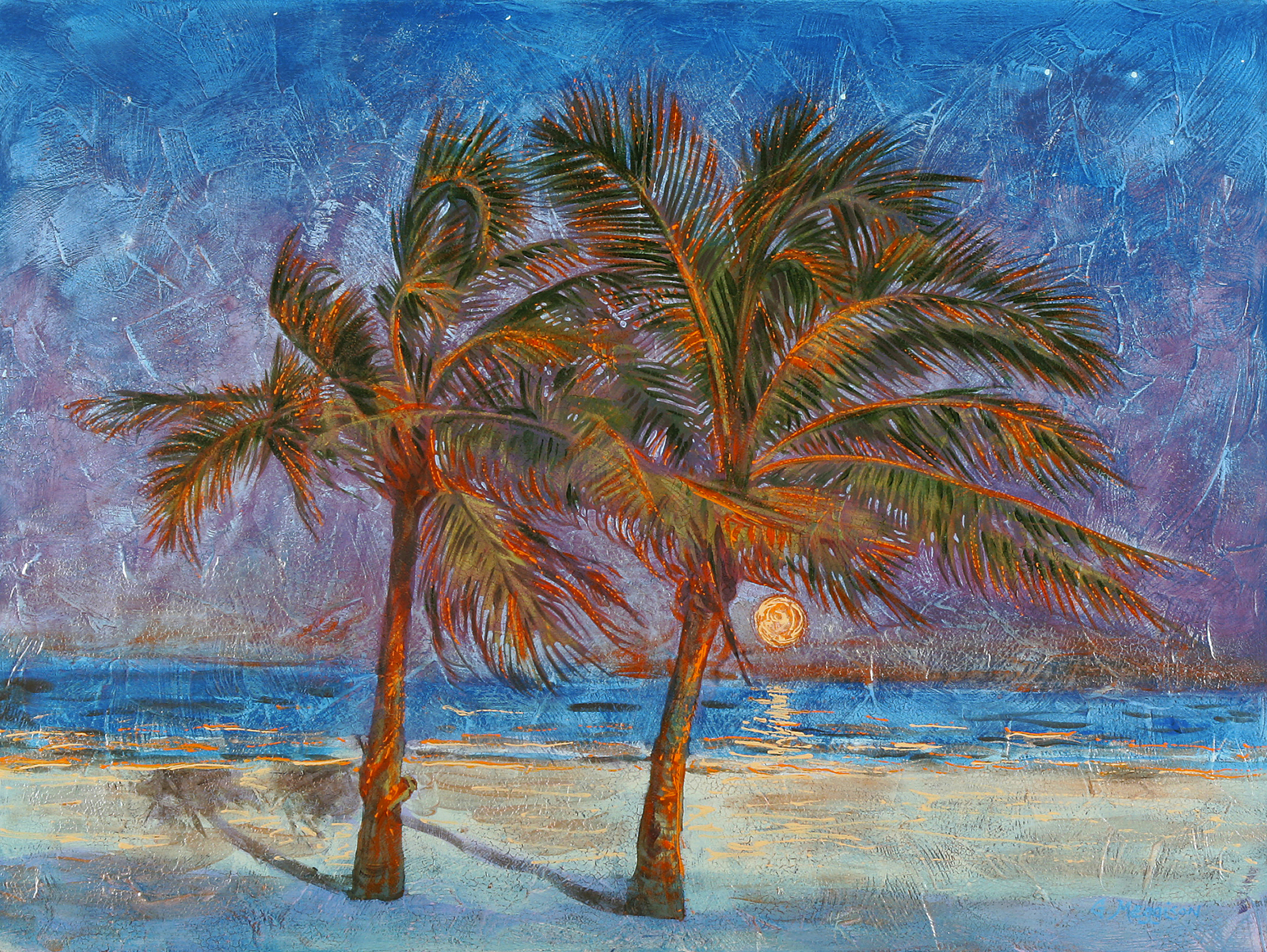 Two palms by twilight 36 x48 originalacrylic anv42s