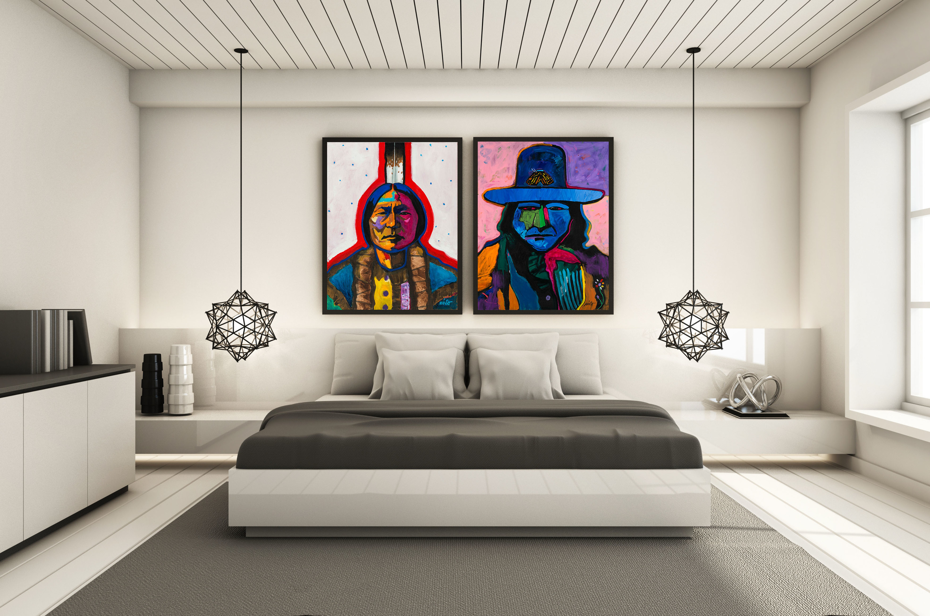 
        <div class='title'>
          Siting Bull, contemporary interior design, wall art, bedroom decor
        </div>
       
        <div class='description'>
          Contemporary bedroom interior design
        </div>
      