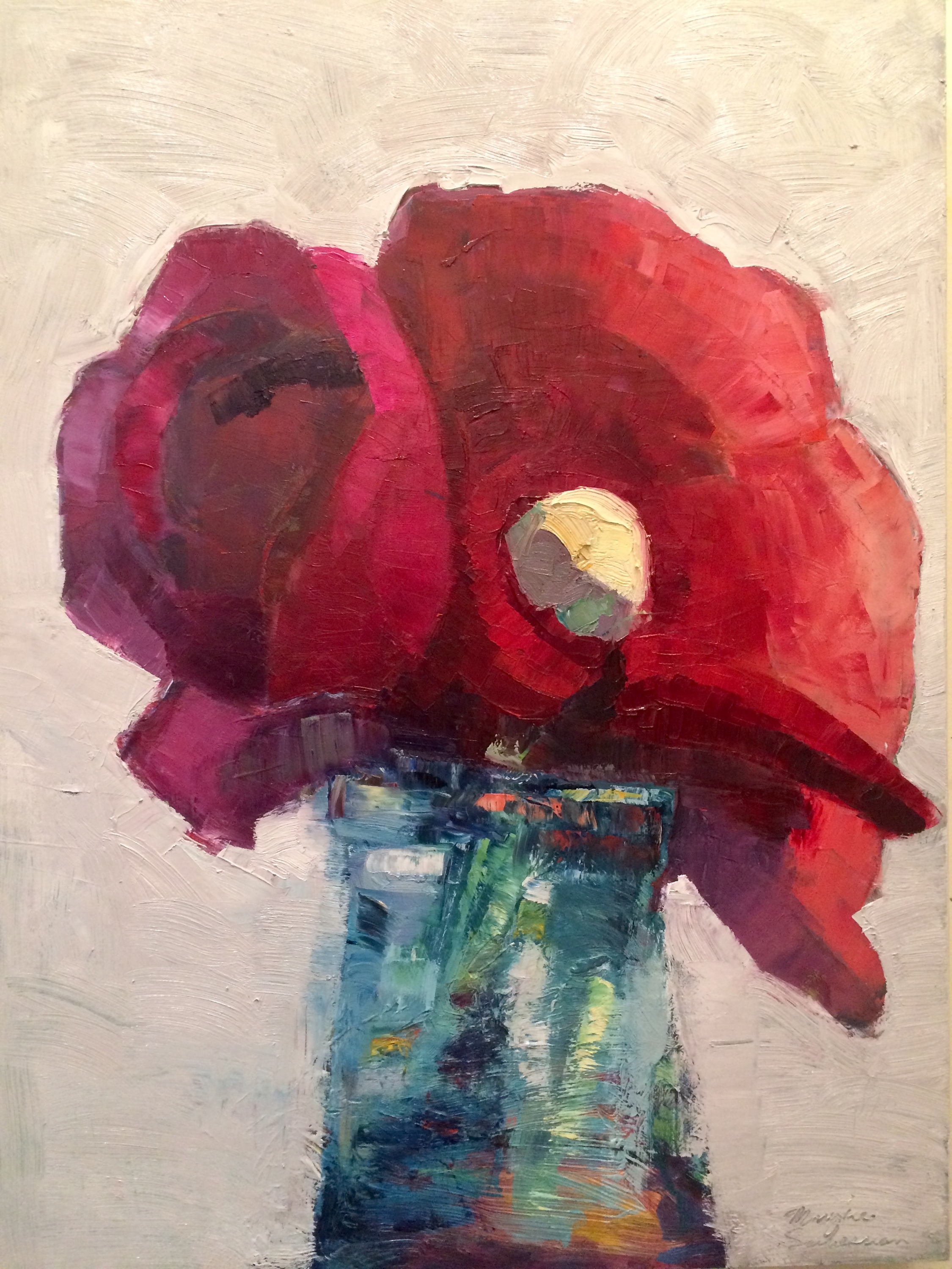 Together still life with red pink ranunculus and bud enfolded oil and mixed media on wood 24x18 zfijzg