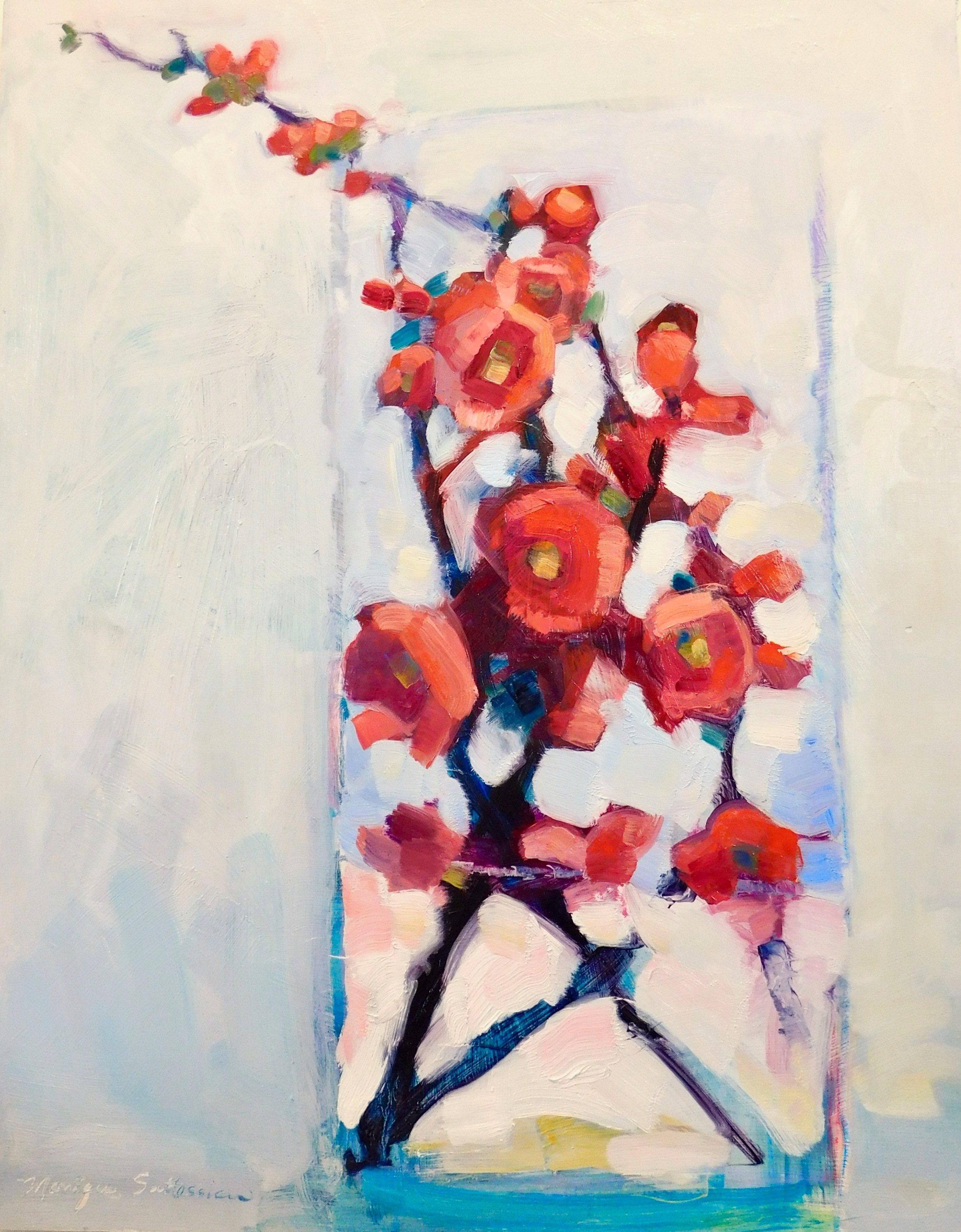 Together still life with red quince blooms 3 nk oil and mixed media on wood 30 22x24 22x1.5 22 iakqzh
