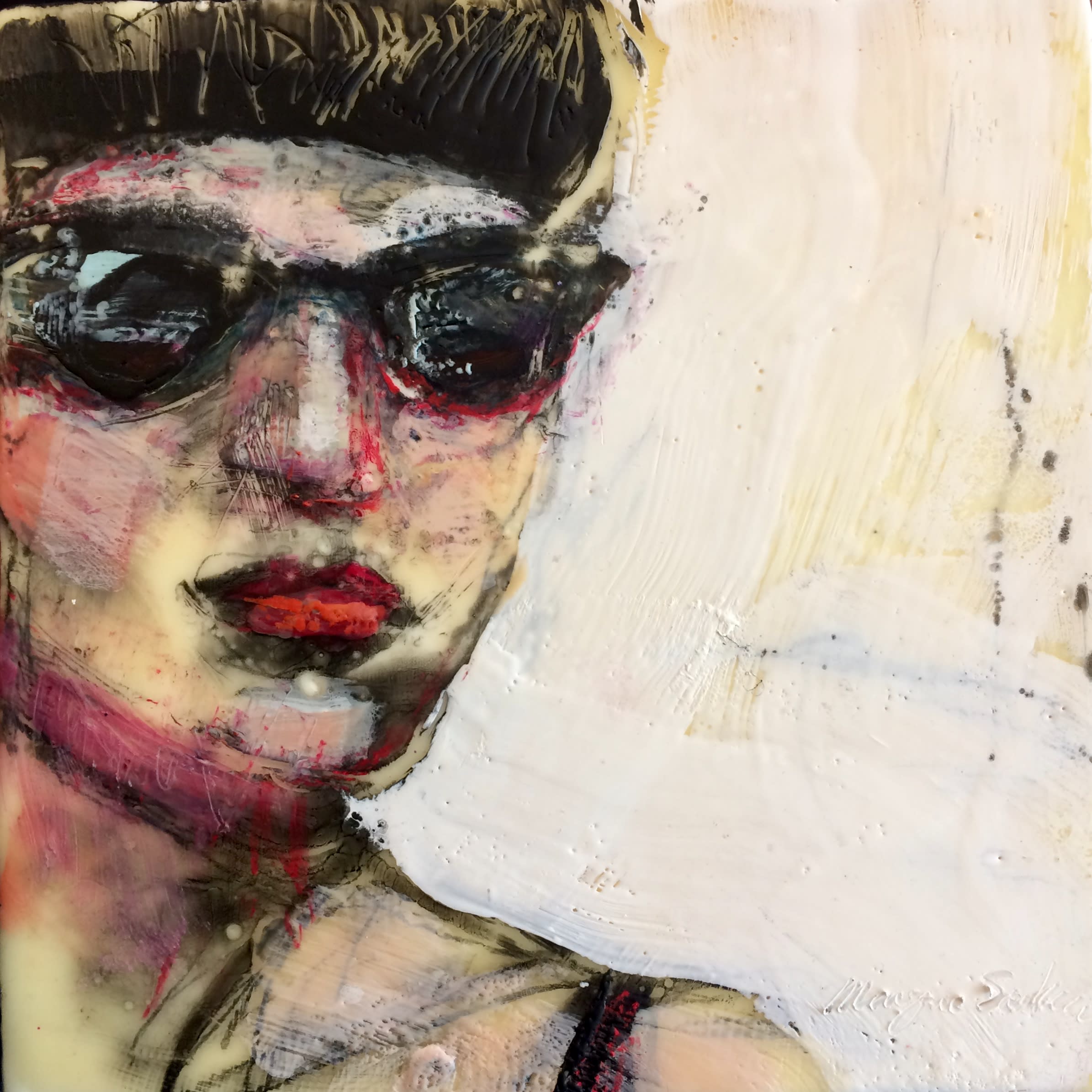Portrait of monique with black sunglasses encaustic wax and mixed media on wood 8 22x8 22 and63p