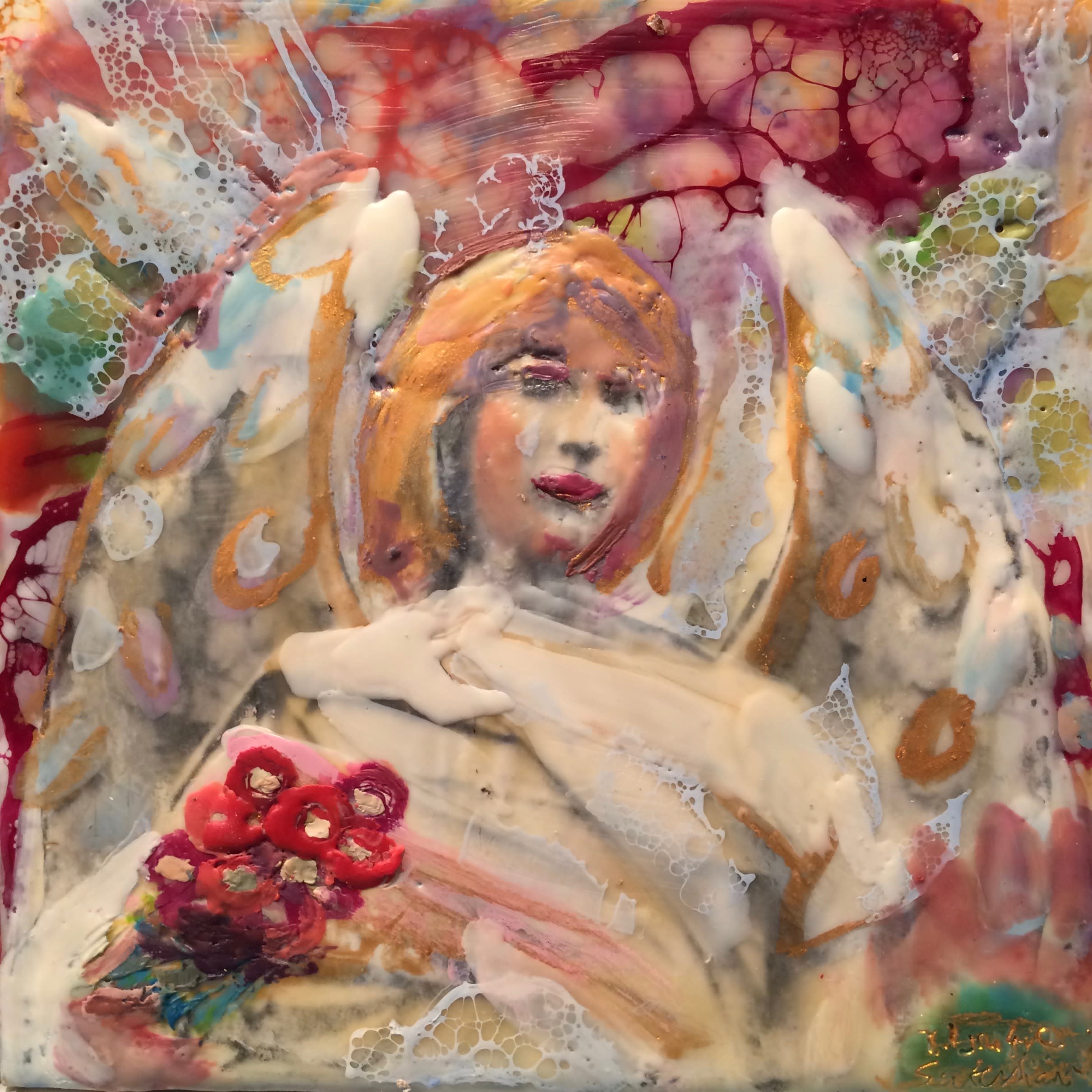 Love conquers 15 angel with flowers front encaustic wax and mixed media 6x6 1 ybmz44