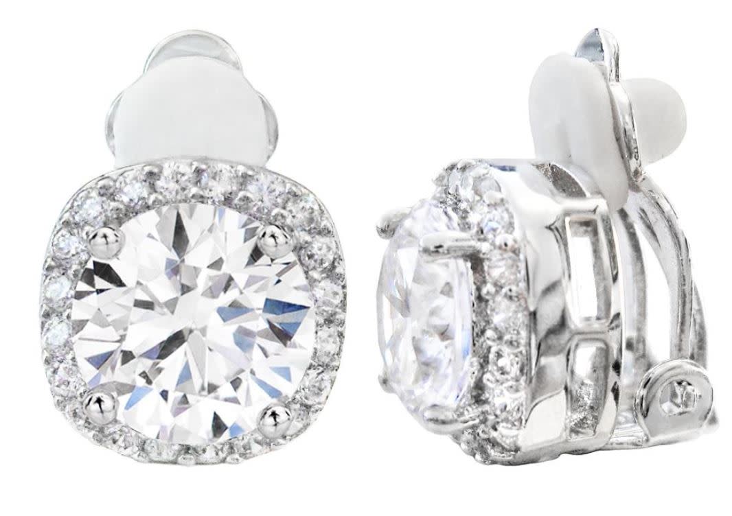 Silver 3 carat cushion cut clip earrings ebg0f2