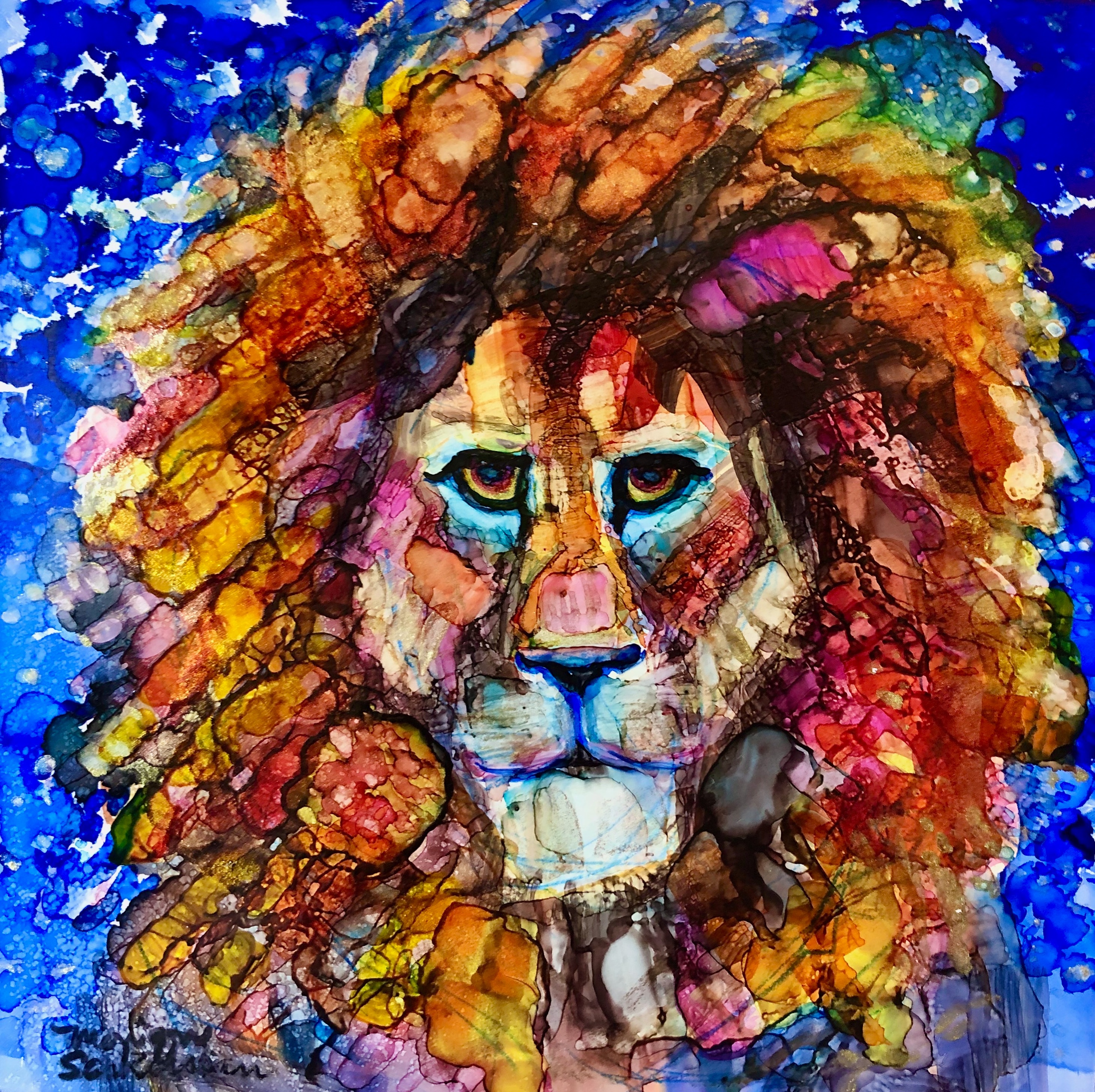 Miracles of the majestic ready to roar 12 f alcohol ink on panel 6x6 l5znbc