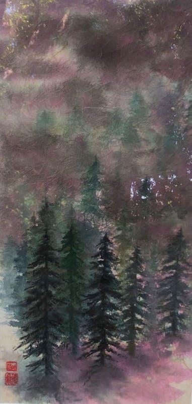 Foggy trees in purple duzb6h