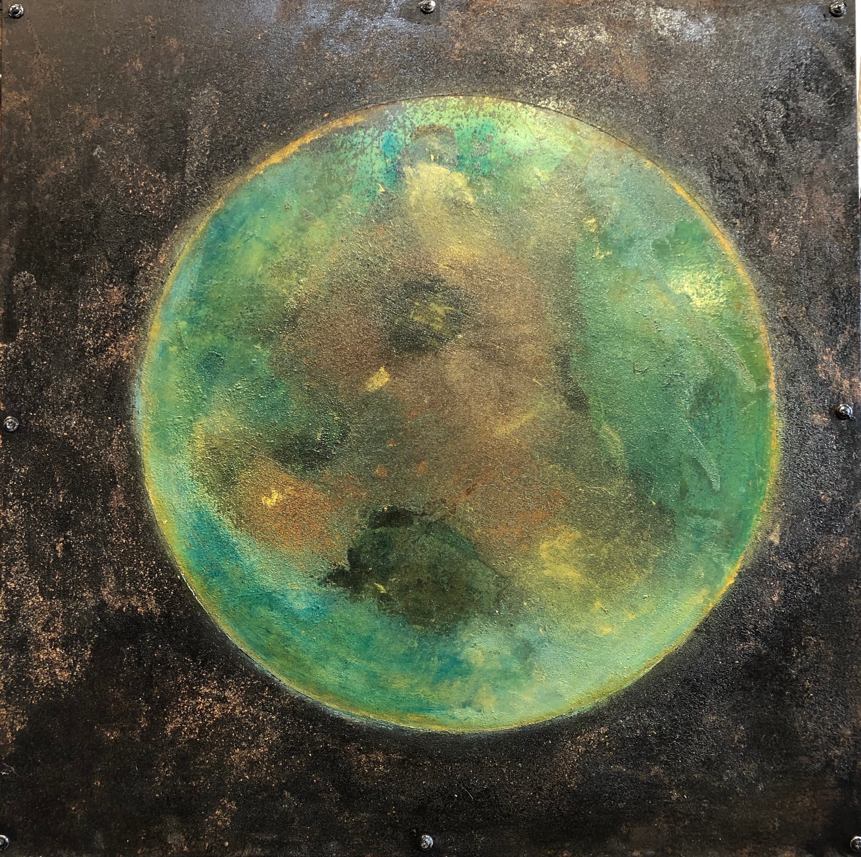 Planetary series 104 24x24 rust and oil on steel over wood wcqhej