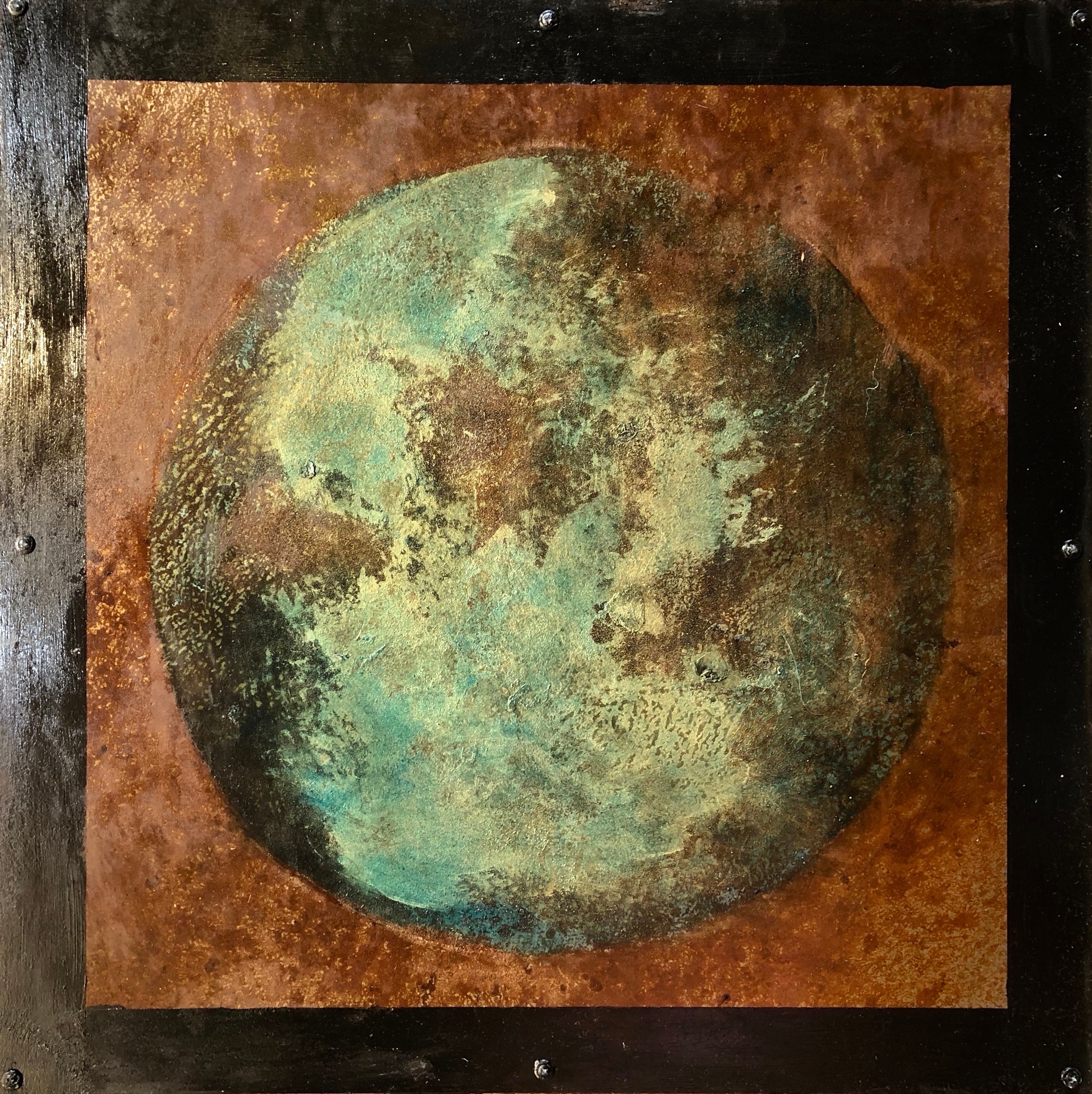 Planetary series 123 24x24 rust and oil on steel over wood hw1xmx