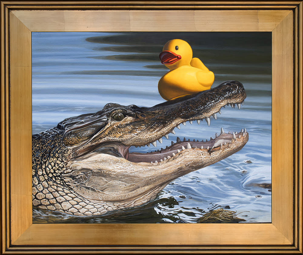 Kevin grass sitting duck gold frame acrylic on aluminum panel painting hr0l7d