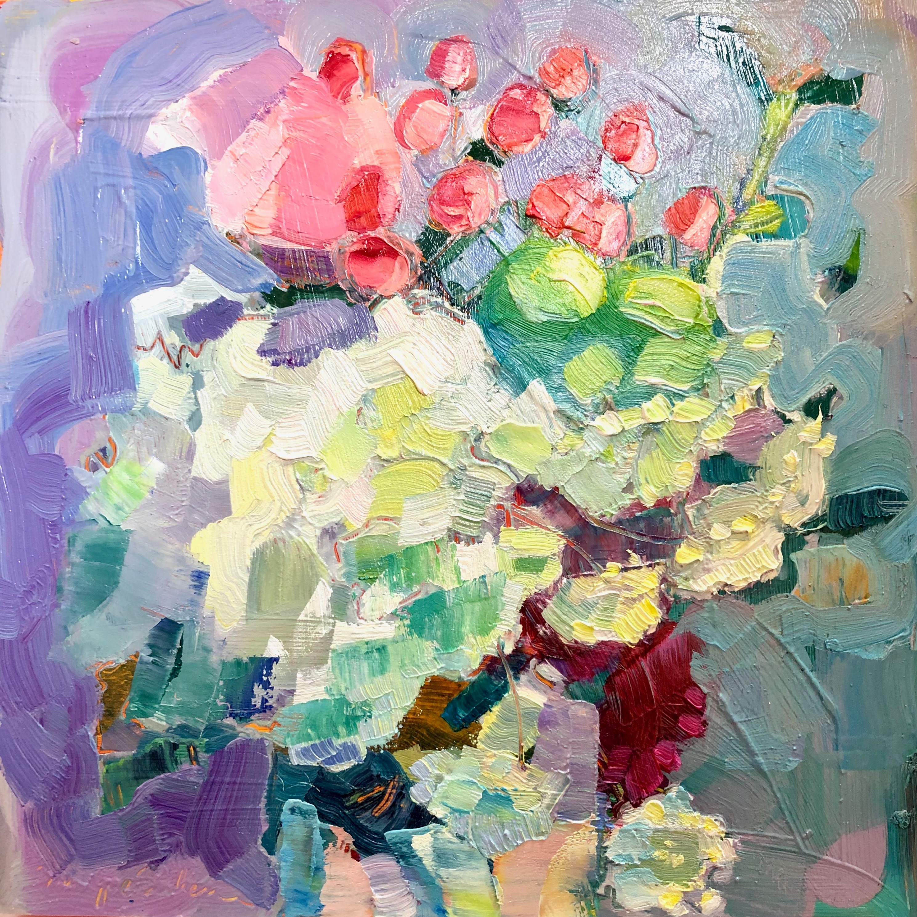 Together still life with hydrangea hypericum roses astrantia and mums oil on wood 8x8 mgyrwj